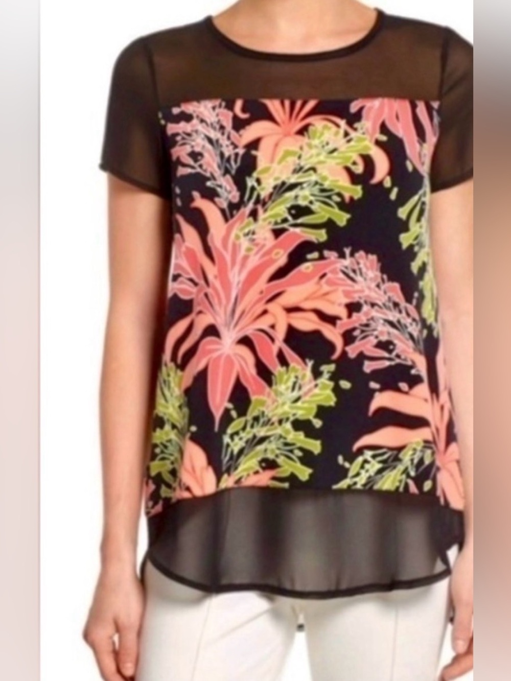 Vince Camuto Floral Sheer Tunic Top Size Medium Multicolored